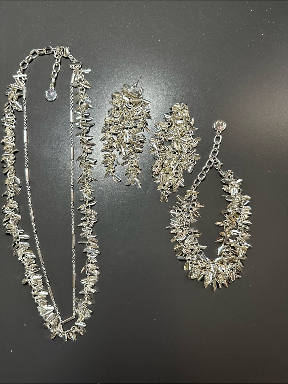 Silver-Tone Leaf Cluster Necklace, Bracelet & Drop Earrings Set